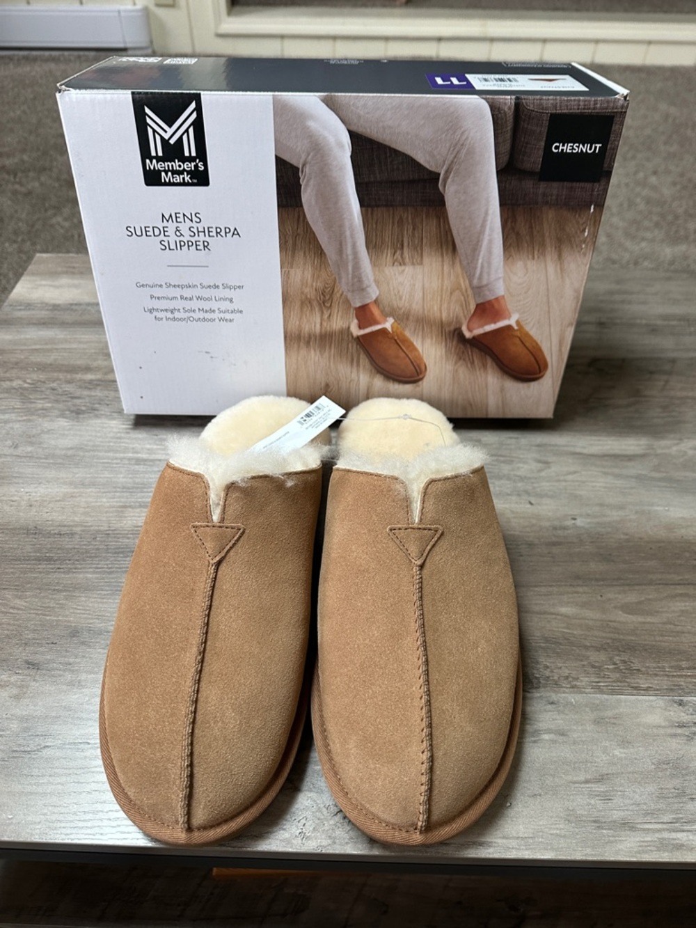 Member's Mark Men’s Chestnut Suede Sherpa-Lined Slip-On Slippers